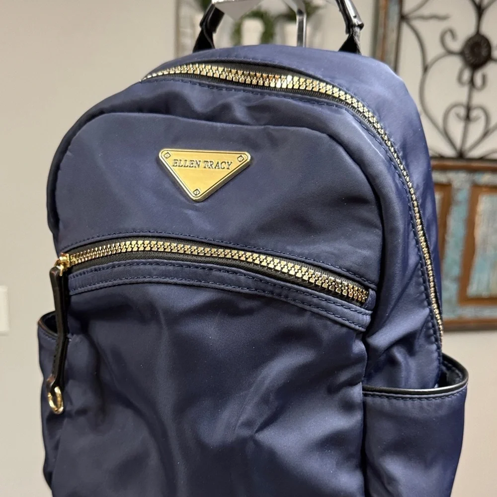 Ellen Tracy Navy Nylon Backpack with Gold Hardware EUC